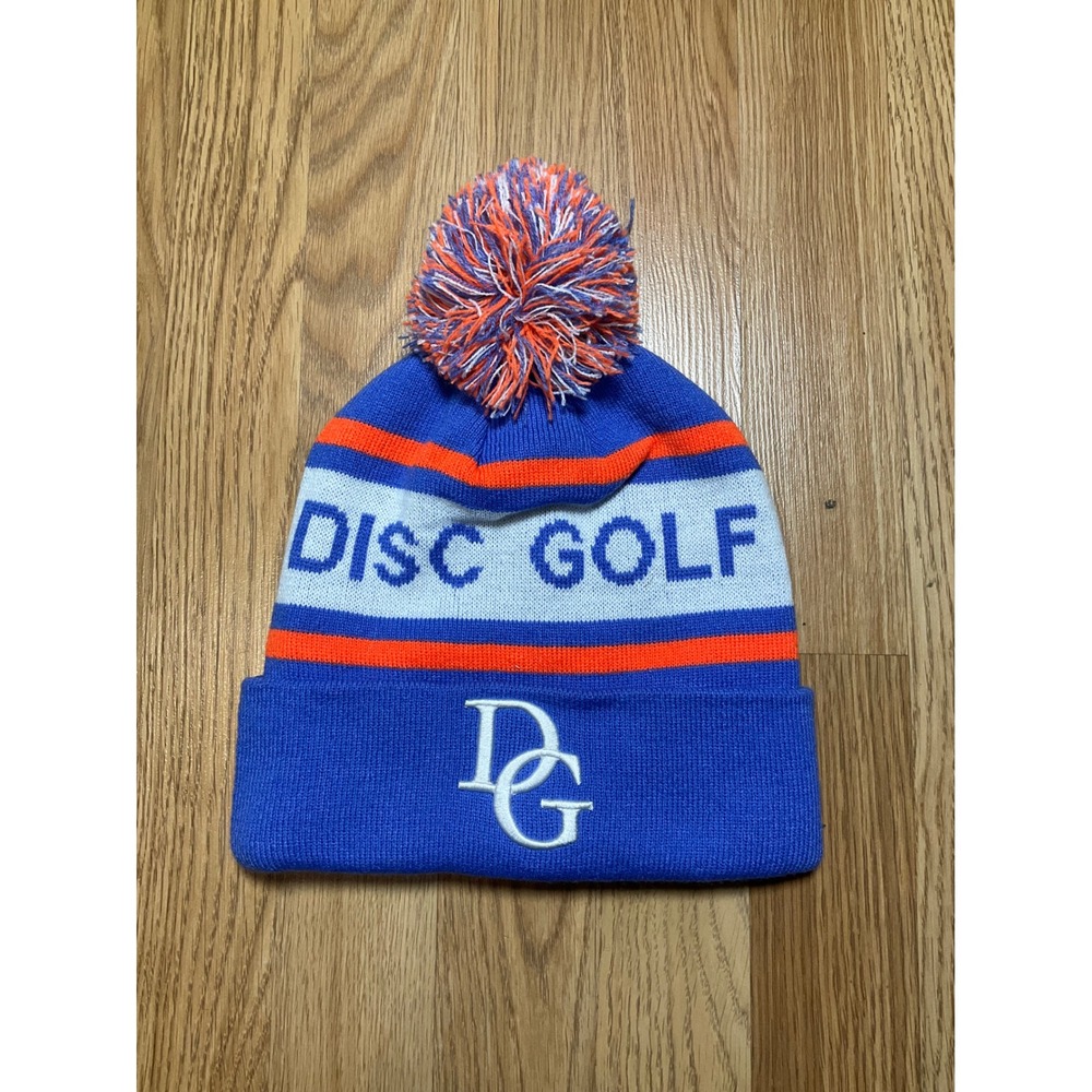 Disc Golf DG Embroidered Pom Beanie Hat Blue Orange White Cuffed Knit Cap